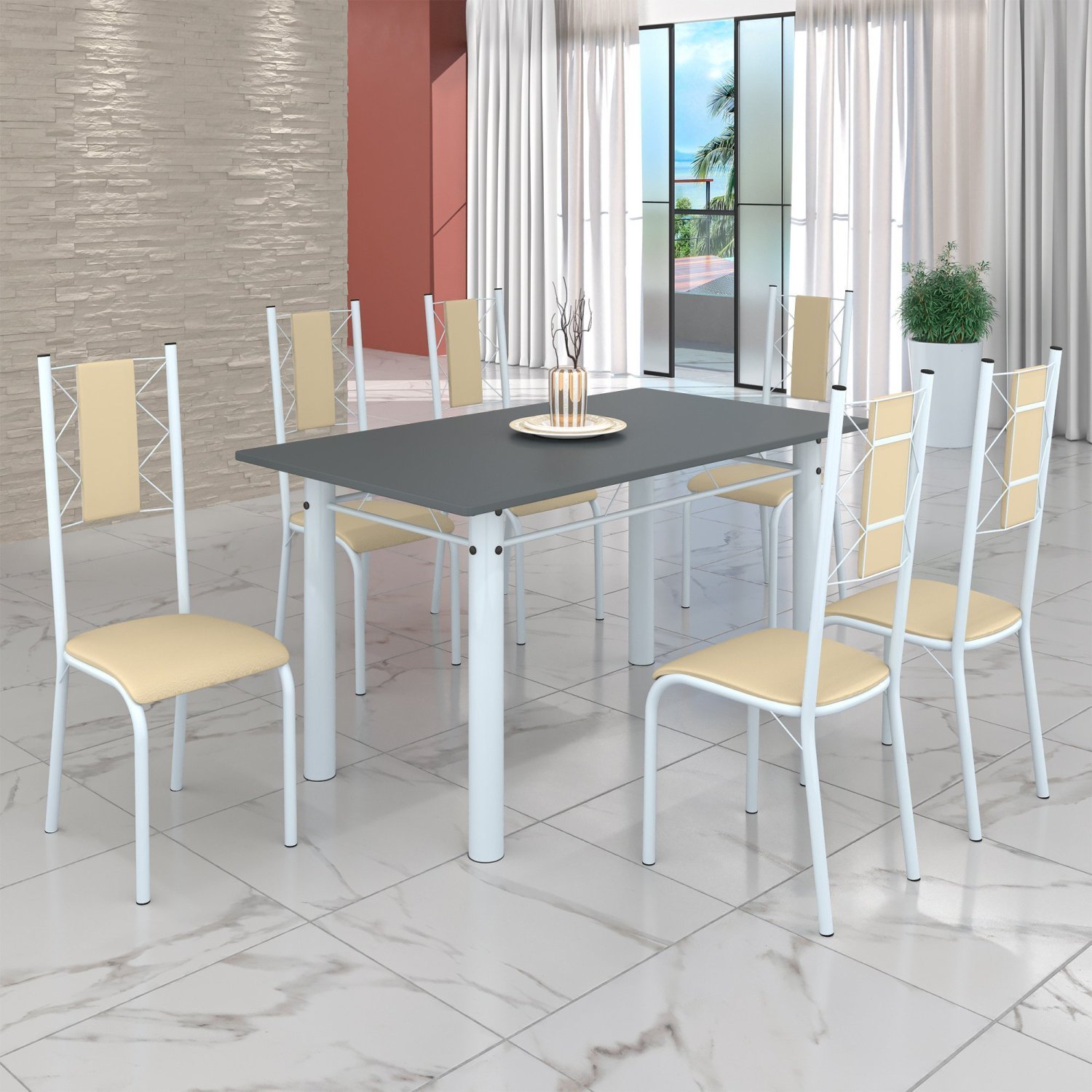 Conjunto Sala de Jantar Bahia Mesa Tubo 140x75cm Tampo Pedra com 6 Cadeiras - 1