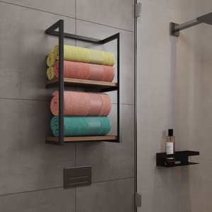 Toalheiro para Banheiro Estilo Industrial Sahy - Preto e Prateleira Imbuia