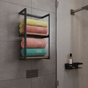 Ver imagem 1 de Toalheiro para Banheiro Estilo Industrial Sahy - Preto e Prateleira Imbuia