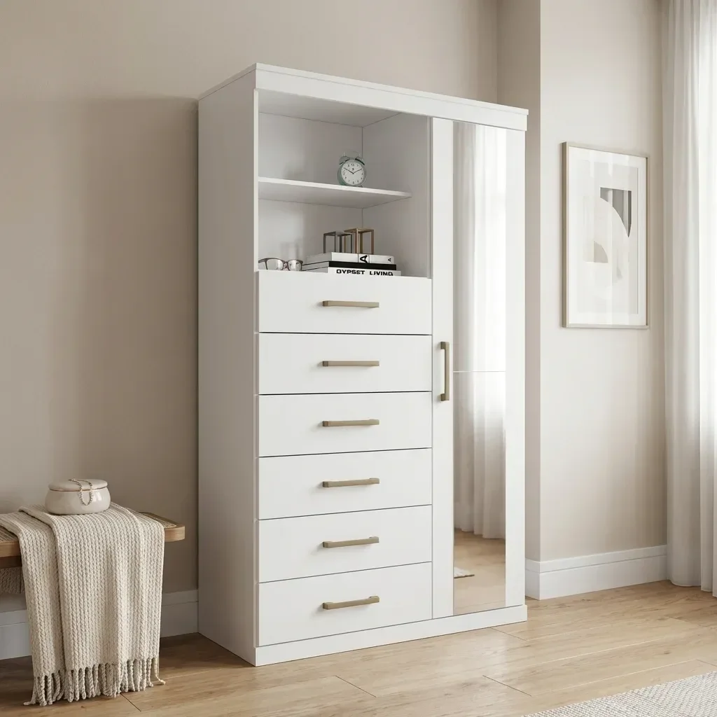 Ver imagem 2 de Cômoda Sapateira Multiuso 6 Gavetas 1 Porta com Espelho Marabá Branco