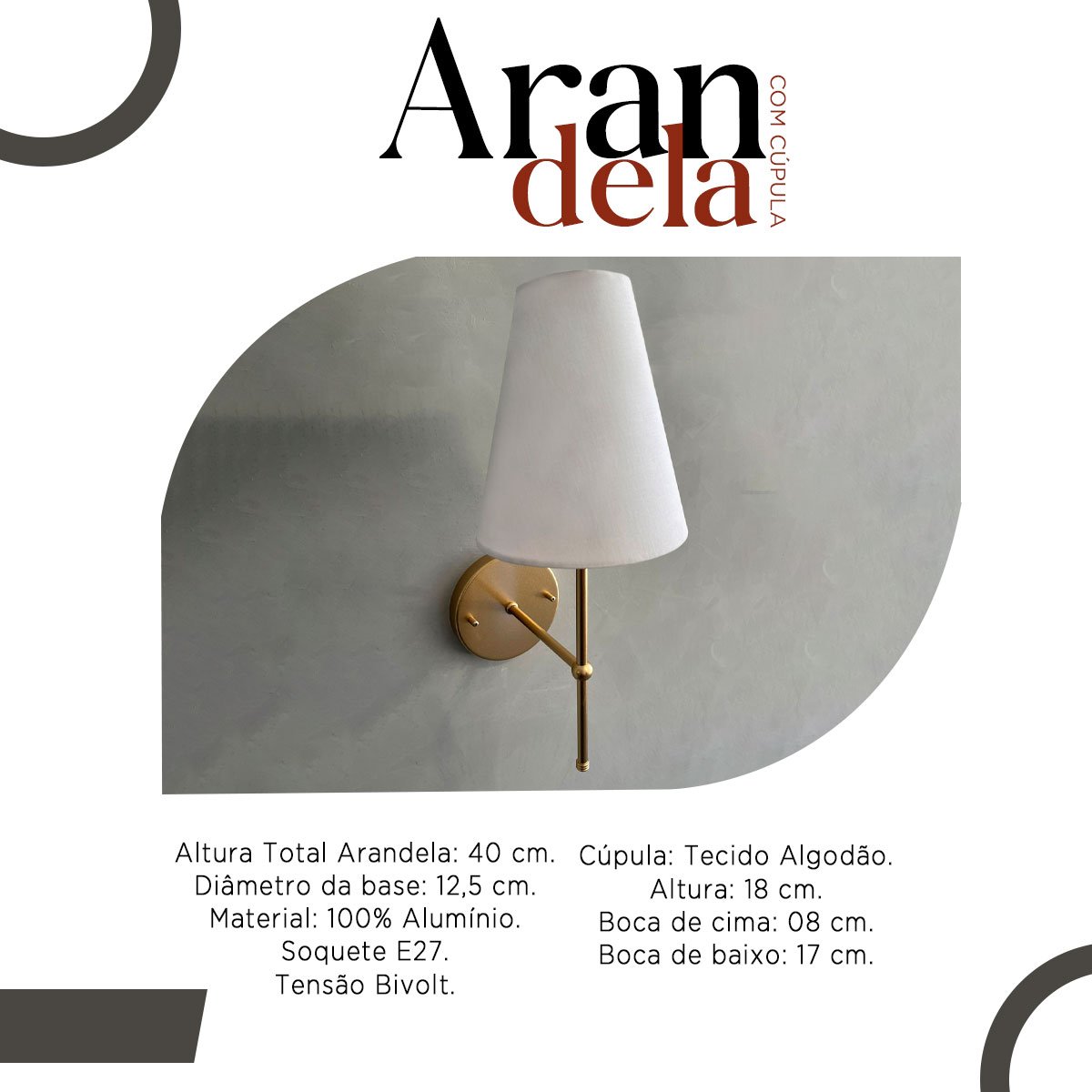Kit 2 Arandelas de Parede Classica Cupula Algodao E27 Bivolt - 4