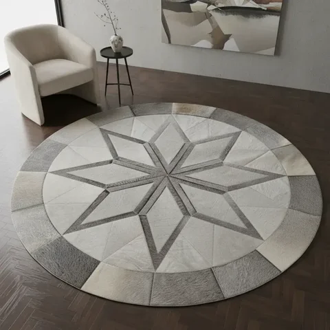 Tapete de Couro Natural Mandala Cinza Branco 1,60 M de Diametro,