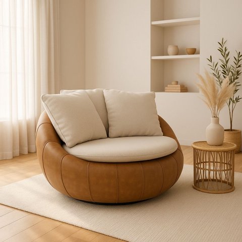 Poltrona Giratória Madeira Escritório Sala Quarto Almofadas Luxo Reforçada Premiun Salao Linho Couri
