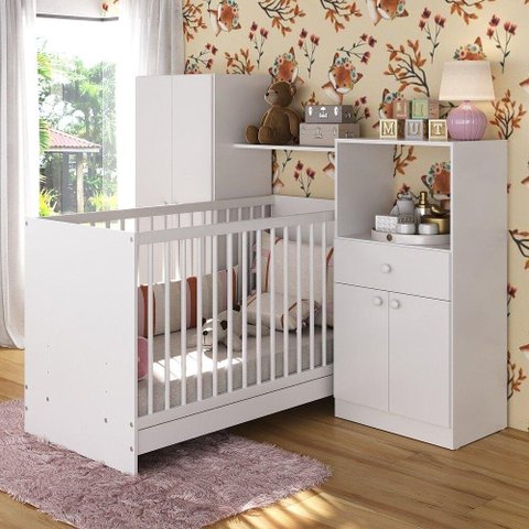 Berço 3 em 1 com Colchão e Guarda-roupas 4 Portas 1 Gaveta Multimóveis Mp4153 Branco