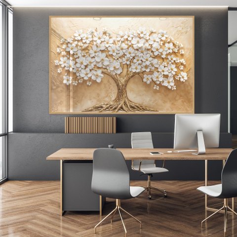 Quadro Decorativo Árvore com Flores Brancas Sala Quarto Casa Escritório