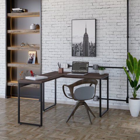 Escrivaninha Mesa Escritório em L Estilo Kuadra 120cm Industrial Nogal Marrom