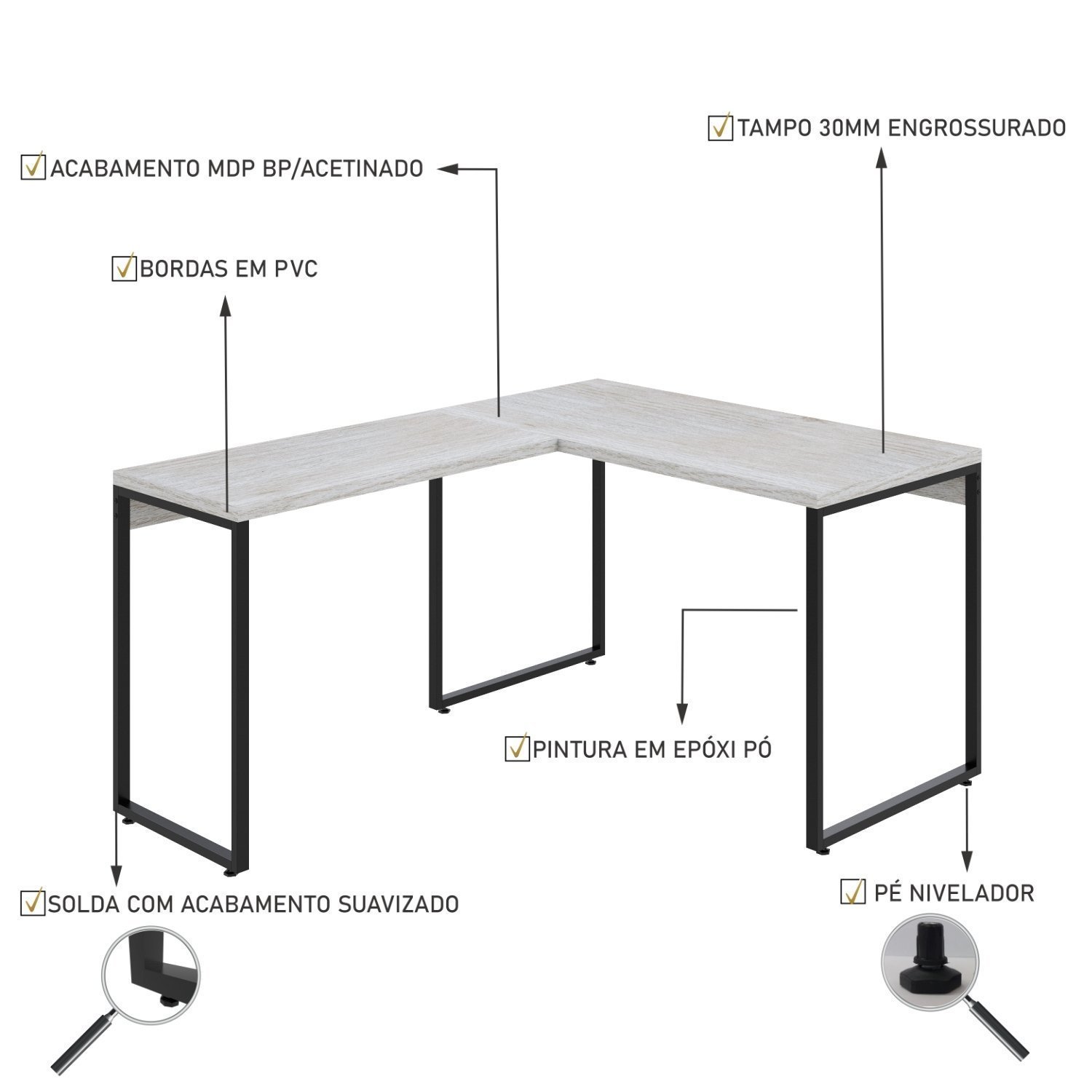 Mesa de Escritório em L Estilo Industrial 120x150cm Kuadra - 5