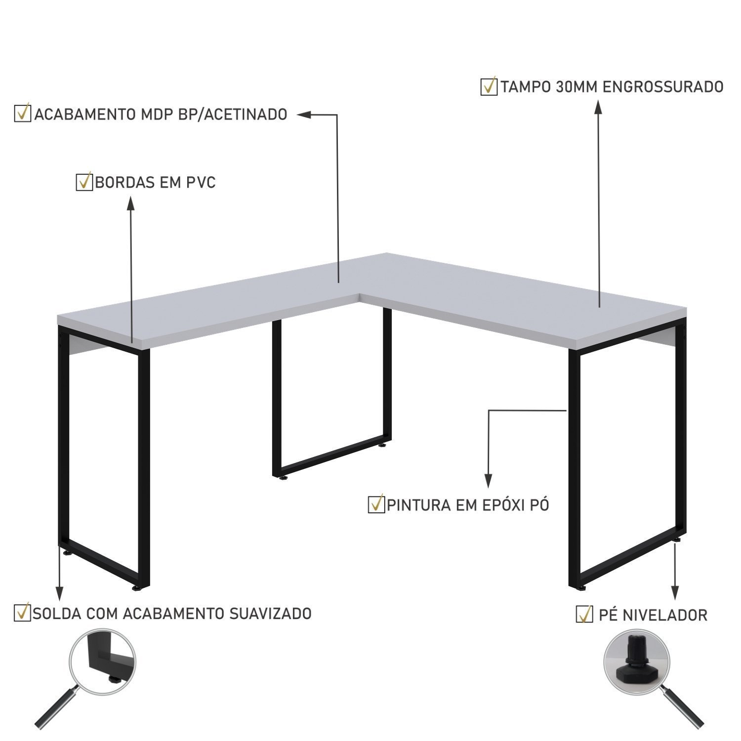 Mesa de Escritório em L Estilo Industrial 135x150cm Kuadra - 5