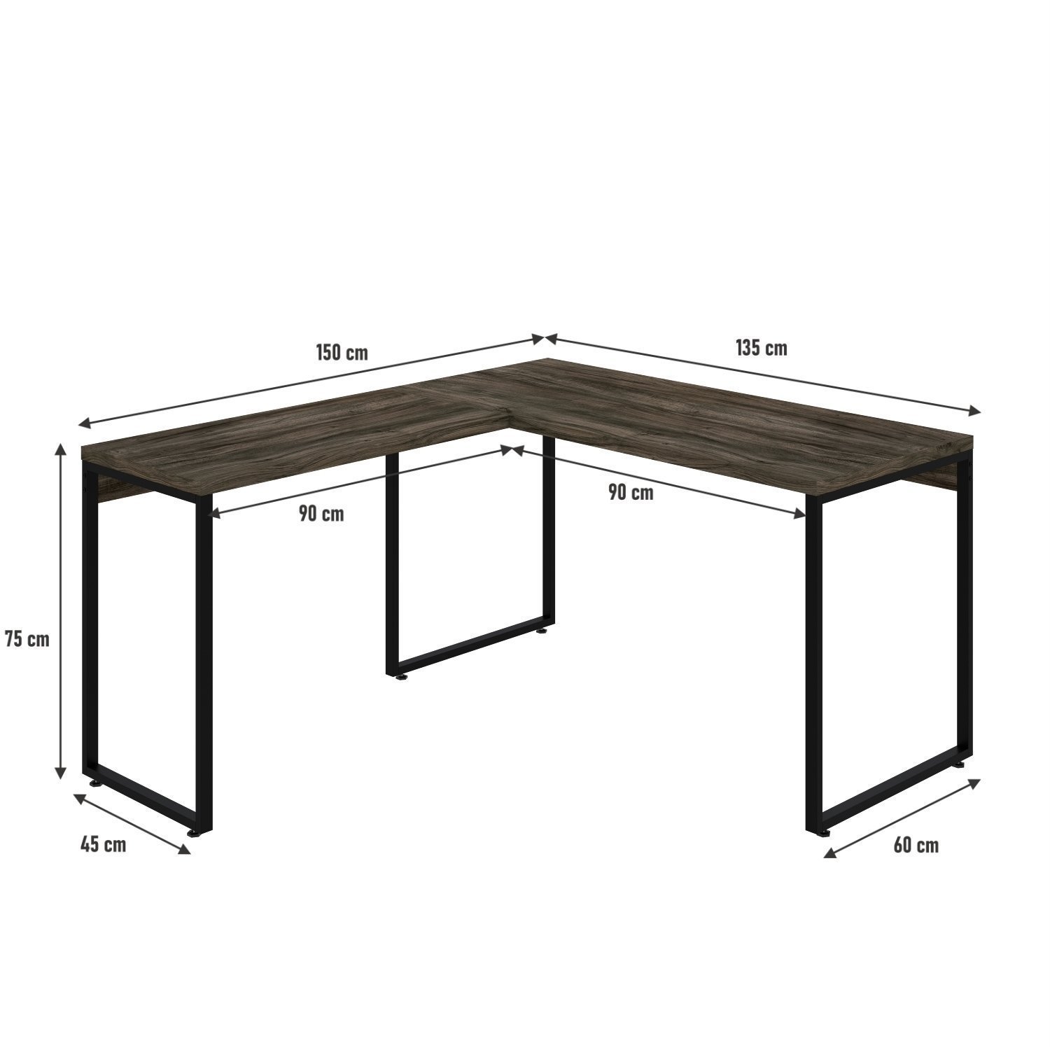 Mesa de Escritório em L Estilo Industrial 135x150cm Kuadra - 3