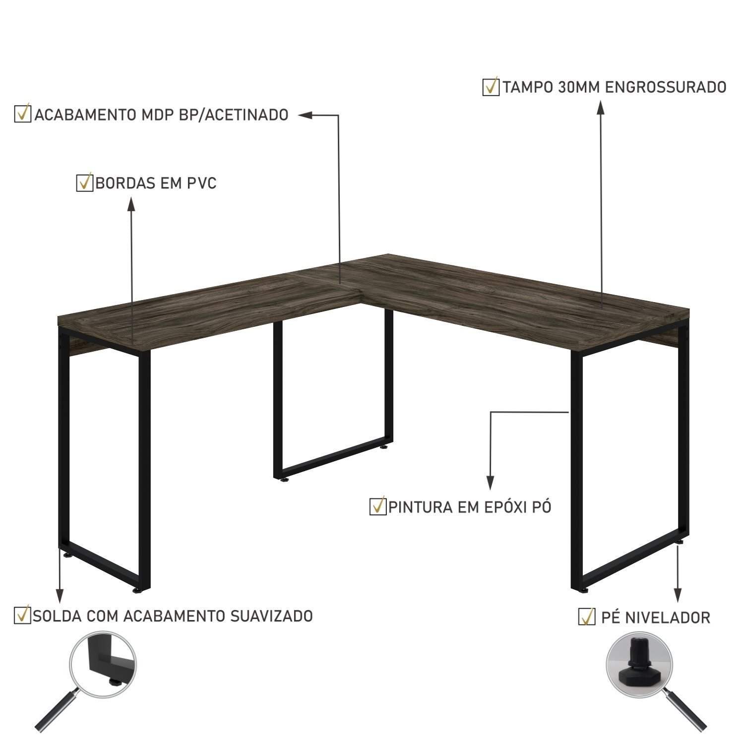 Mesa de Escritório em L Estilo Industrial 135x150cm Kuadra - 5