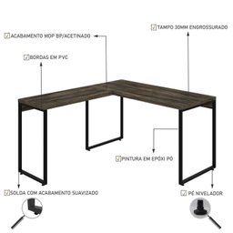 Mesa de Escritório em L Estilo Industrial 135x150cm Kuadra - 5