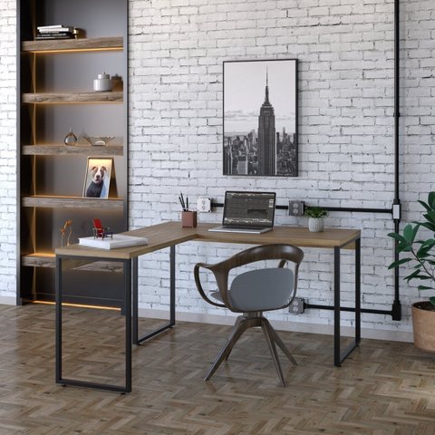 Escrivaninha Mesa Escritório em L Estilo Kuadra 135cm Industrial Lâmina Mel Marrom