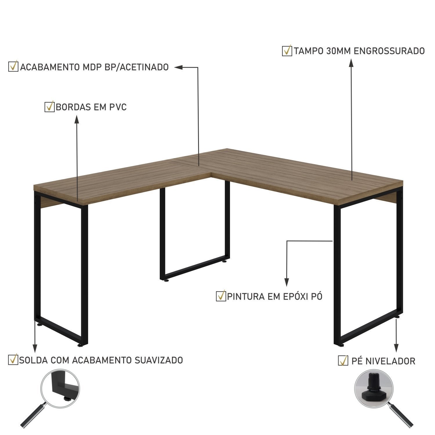 Mesa de Escritório em L Estilo Industrial 135x150cm Kuadra - 5