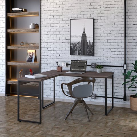 Escrivaninha Mesa Escritório em L Estilo Kuadra 135cm Industrial Nogal Marrom