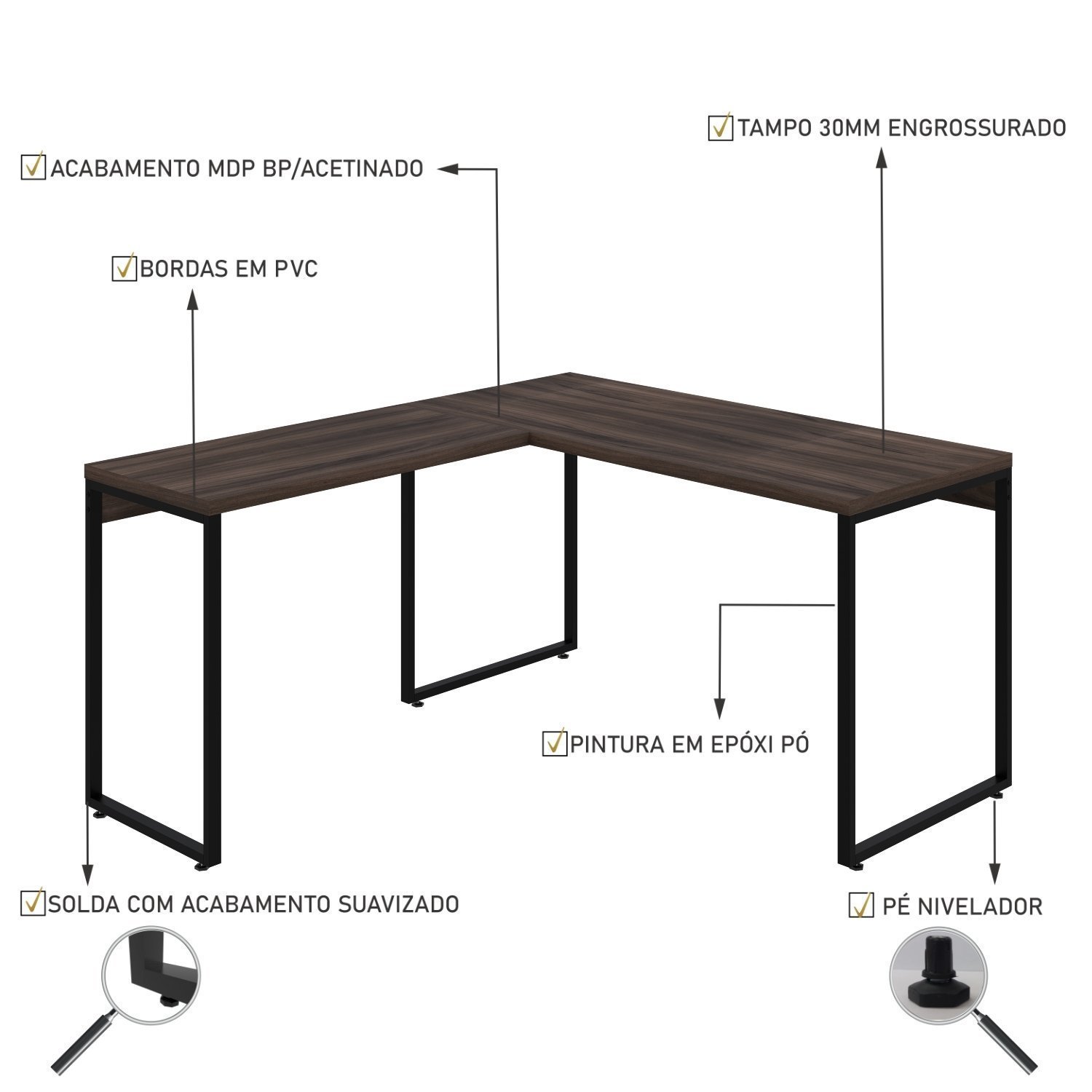 Mesa de Escritório em L Estilo Industrial 135x150cm Kuadra - 5