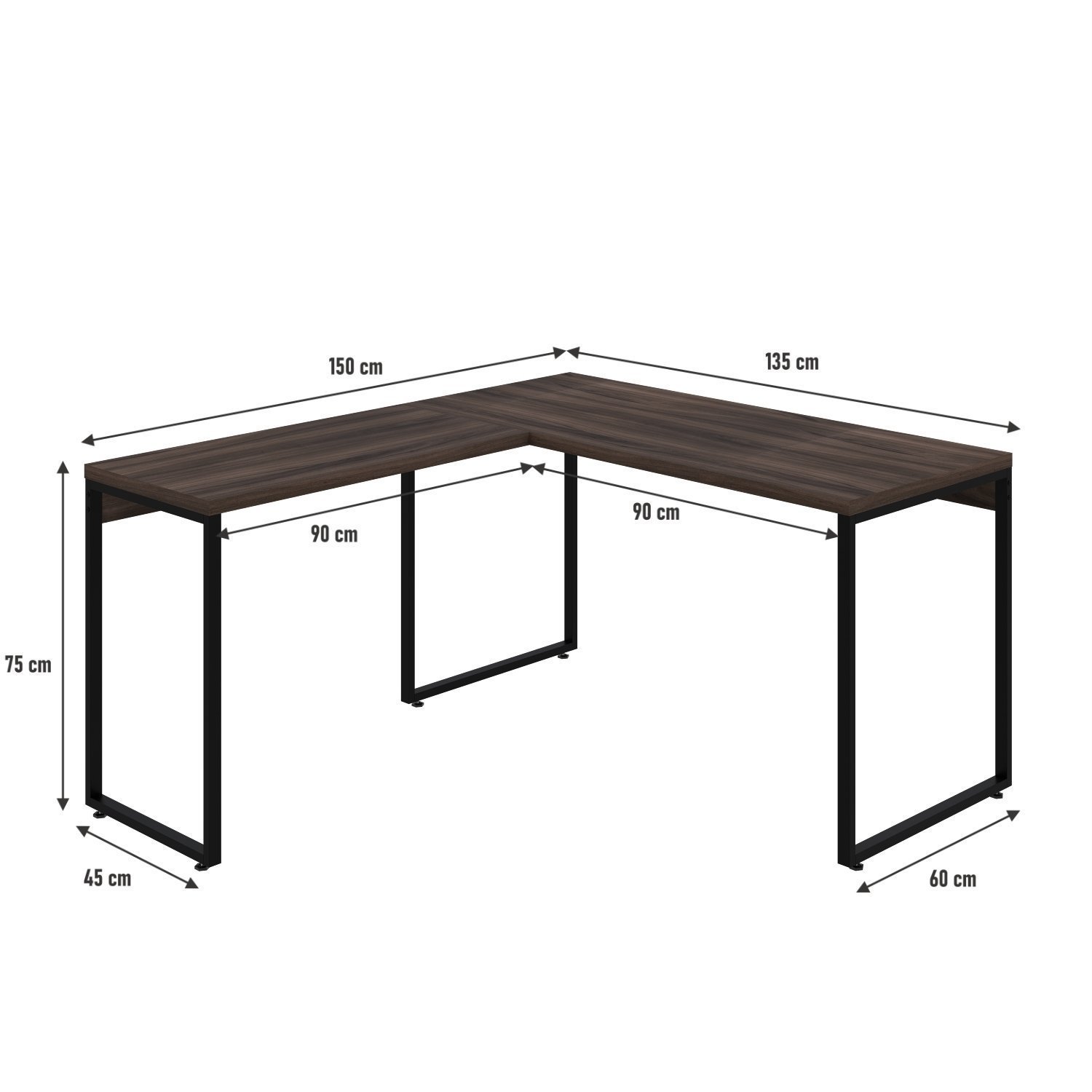 Mesa de Escritório em L Estilo Industrial 135x150cm Kuadra - 3