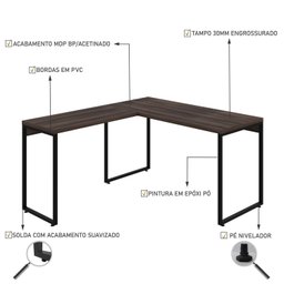 Escrivaninha Mesa Escritório em L Estilo Kuadra 135cm Industrial Nogal - 5