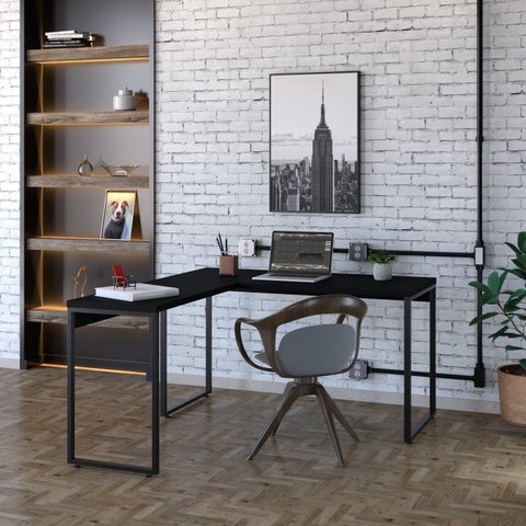 Escrivaninha Mesa Escritório em L Estilo Kuadra 135cm Industrial Preto Ônix