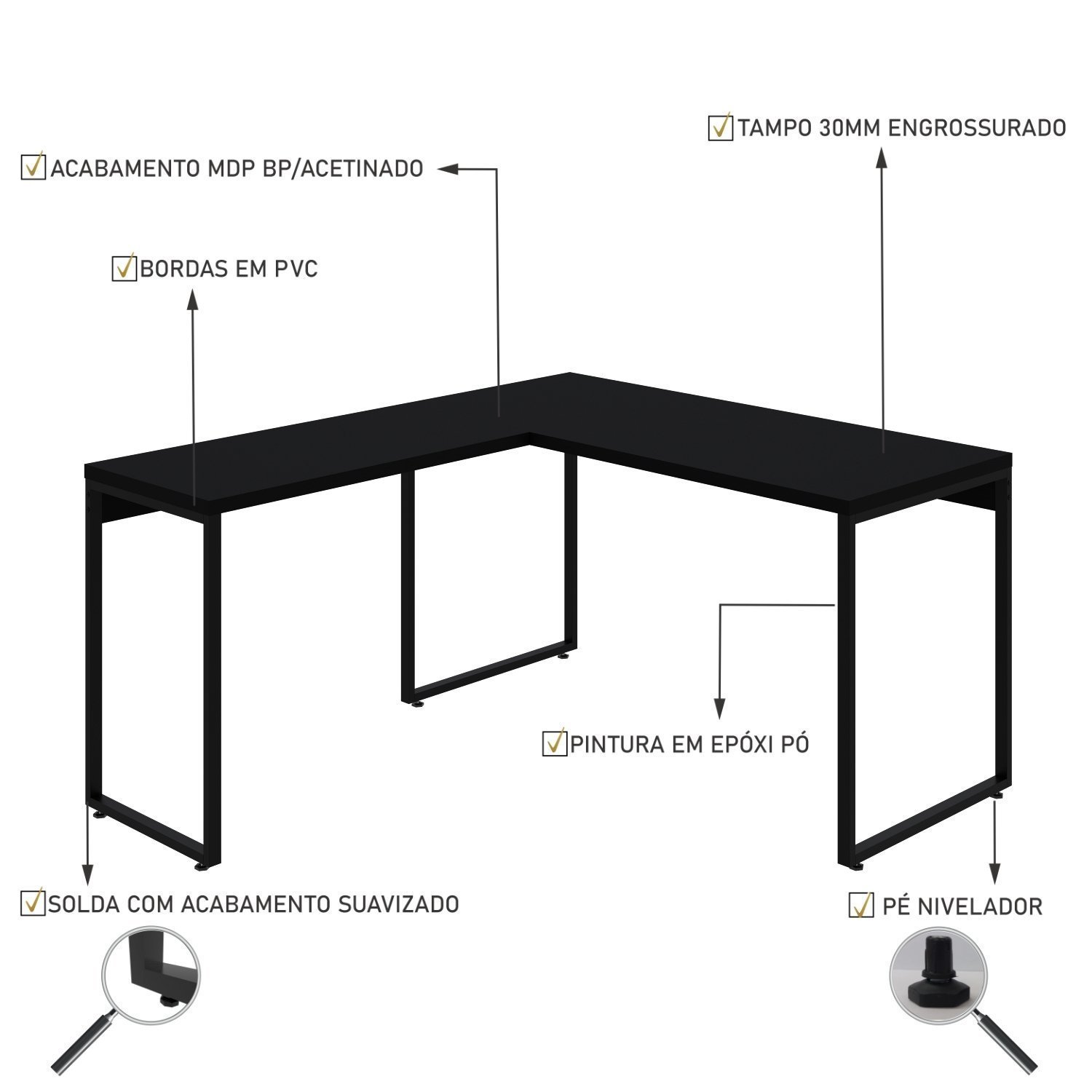Mesa de Escritório em L Estilo Industrial 135x150cm Kuadra - 5