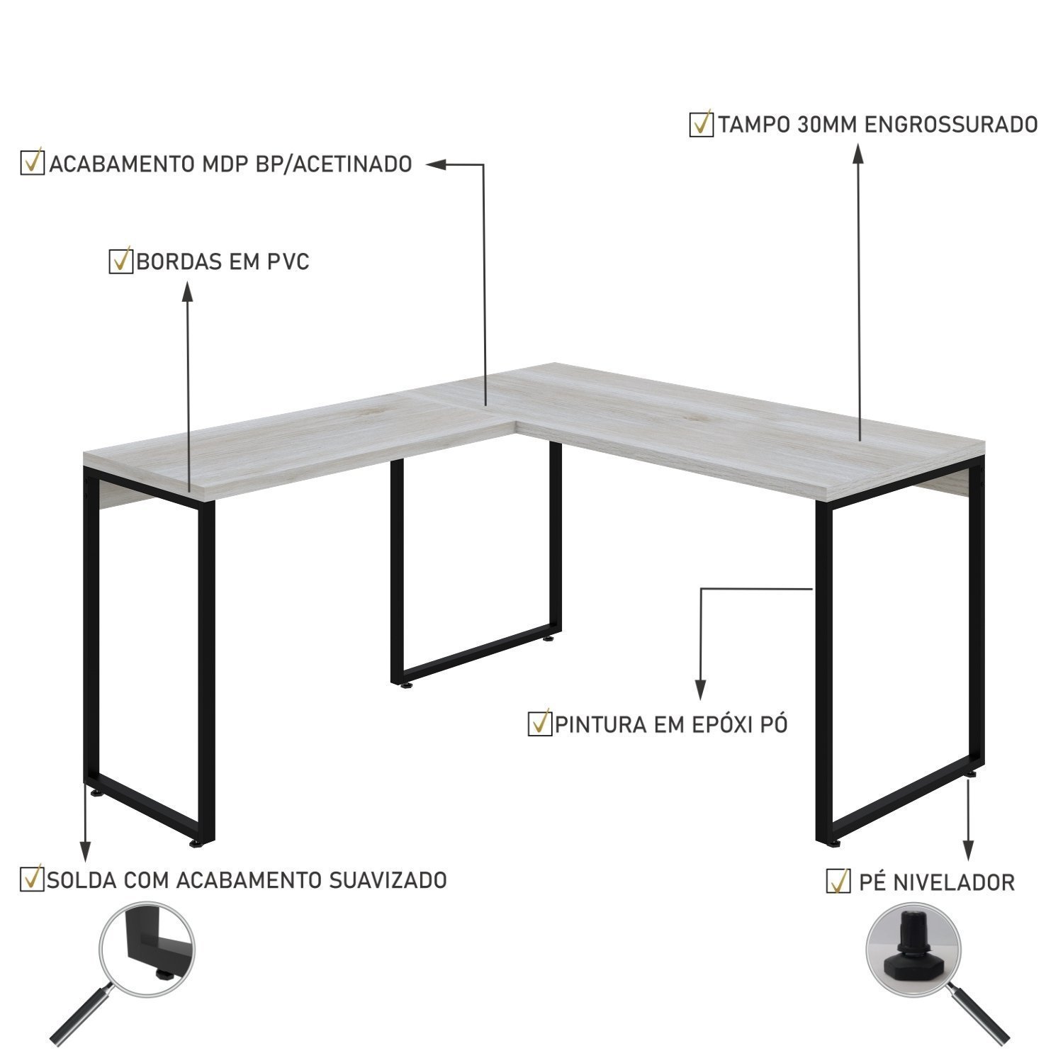 Mesa de Escritório em L Estilo Industrial 135x150cm Kuadra - 5
