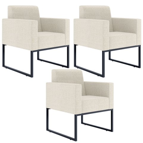 Kit 3 Poltronas Decorativas Sala e Recepção Base Fixa Metal Helô L02 Linho Champanhe - Lyam