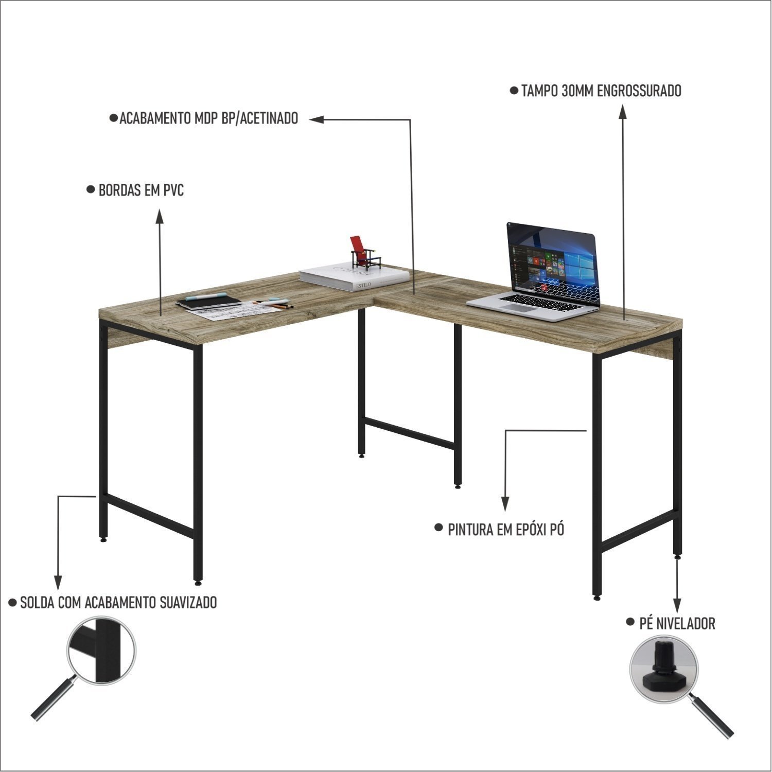 Mesa de Escritório em L Estilo Industrial 120x140cm Active - 5