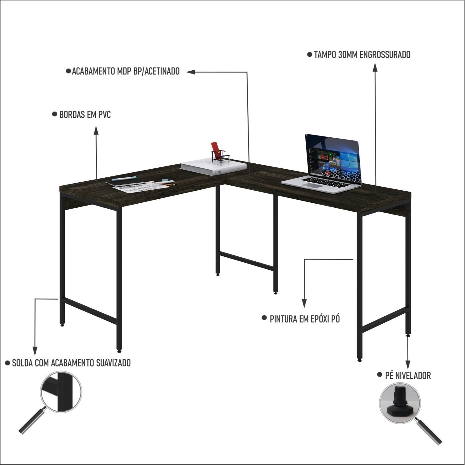 Mesa de Escritório em L Estilo Industrial 120x140cm Active - 5