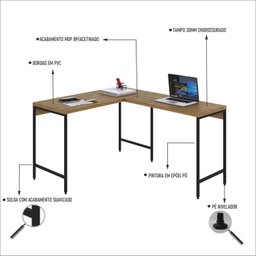 Mesa de Escritório em L Estilo Industrial 120x140cm Active - 5