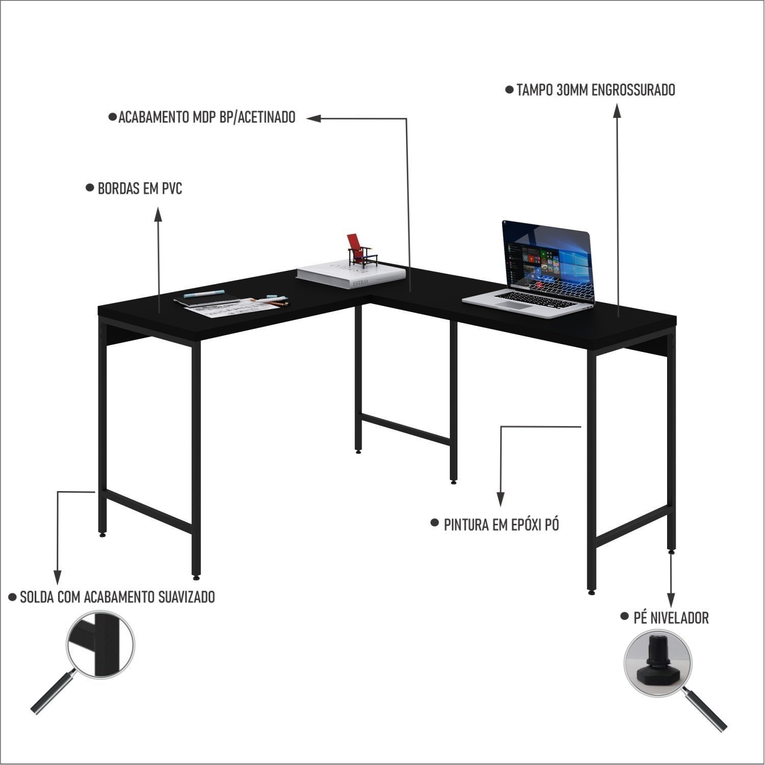 Mesa de Escritório em L Estilo Industrial 120x140cm Active - 5