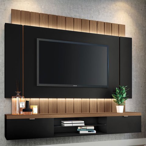 Painel para TV 55 pol Ripado com Bancada Suspensa Luzzi B01 Preto Castanho - Lyam Decor