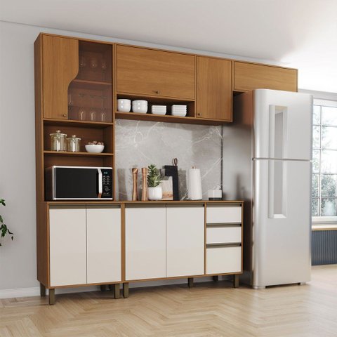 Cozinha Completa Venaly 10 Portas 2 Gavetas com Vidro Cinamomo/Off White - Henn