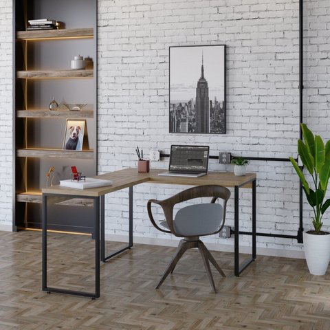Escrivaninha Mesa Escritório em L Estilo Kuadra 120cm Industrial Lâmina Mel Marrom