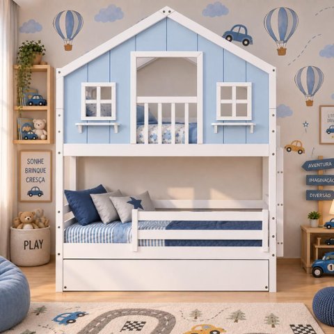 Treliche Casinha Dos Sonhos com Varanda e Grade Proteção Madeira Maciça Branco | Azul Housin