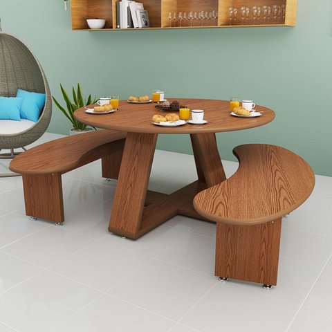 Conjunto de Jantar 90 Cm com 2 Bancos Curvos Compacto e Moderno