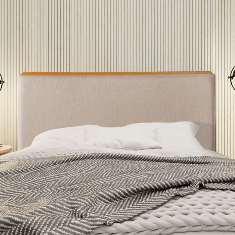 Cabeceira Cama Box King 1,93m Estofada Detalhe em Madeira Java Linho Bege