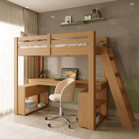 Cama Alta Beliche Office Star Light com Escada Inclinada