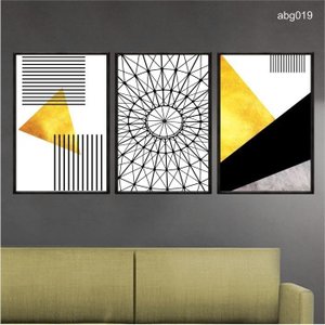 Kit 03 Quadros Moderno Abstrato Geometrico Dourado Preto Abg019 Vidro com Impressão Uv 60x80cm Cada
