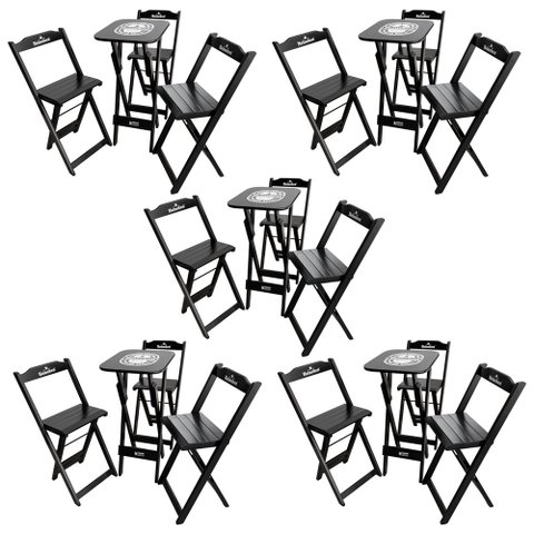 Kit 5 Conjuntos Bistrô Mesa com 3 Banquetas Dobráveis de Madeira Hei - Preta