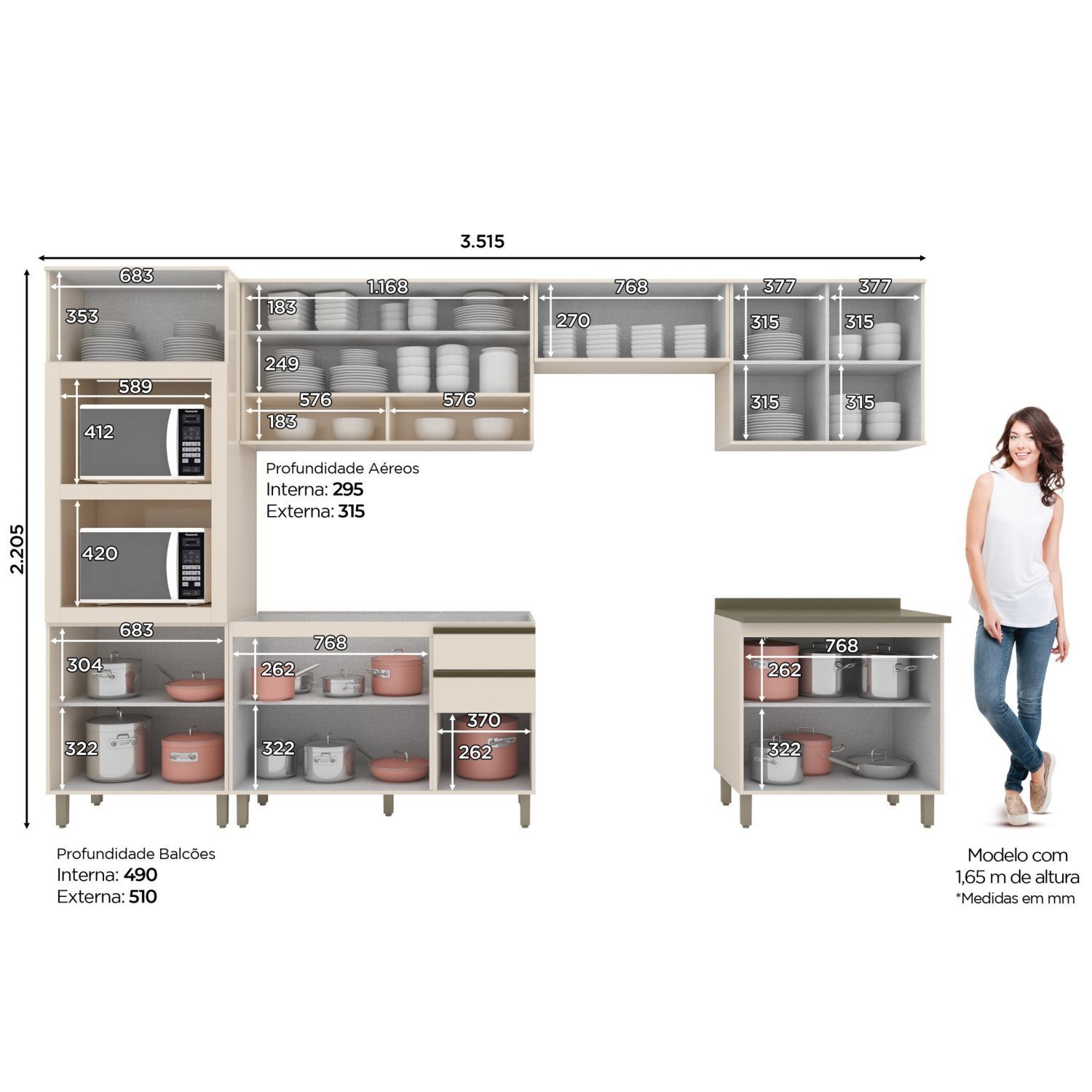 Cozinha Completa 6 Peças para 2 Fornos e Cooktop 12 Portas Aurora Espresso Móveis - 4