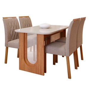Conjunto de Mesa de Jantar Tampo de Vidro Off White Valentina 1,30 com e 4 Cadeiras Juliana