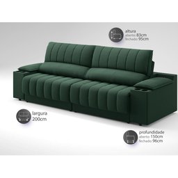 Sofá com Porta Copos e Carregador USB Retrátil e Reclinável Murano 2,00m Velosuede Verde - - 3