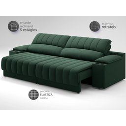 Sofá com Porta Copos e Carregador USB Retrátil e Reclinável Murano 2,00m Velosuede Verde - - 5
