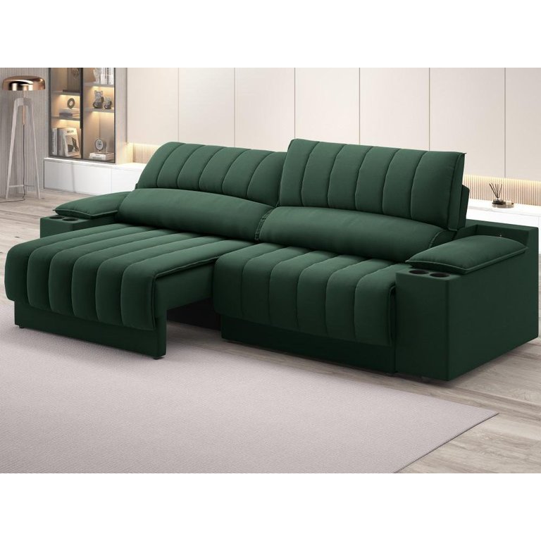 Sofá com Porta Copos e Carregador USB Retrátil e Reclinável Murano 2,00m Velosuede Verde -