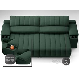Sofá com Porta Copos e Carregador USB Retrátil e Reclinável Murano 2,00m Velosuede Verde - - 2