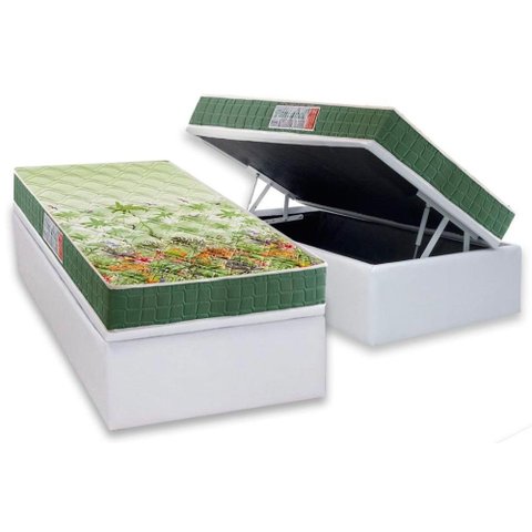 Cama Box Baú Solteiro: Colchão Ortopédico Anjos D28 / AG65 Pantanal + Base CRC Courano White(