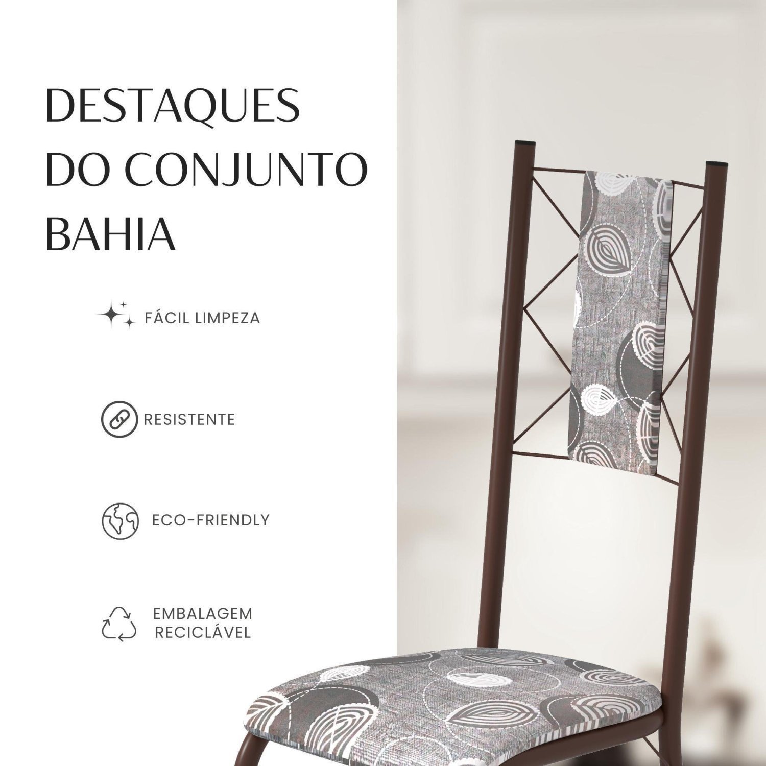 Conjunto Sala de Jantar Bahia Mesa Tubo 140x75cm Tampo Pedra com 6 Cadeiras - 10