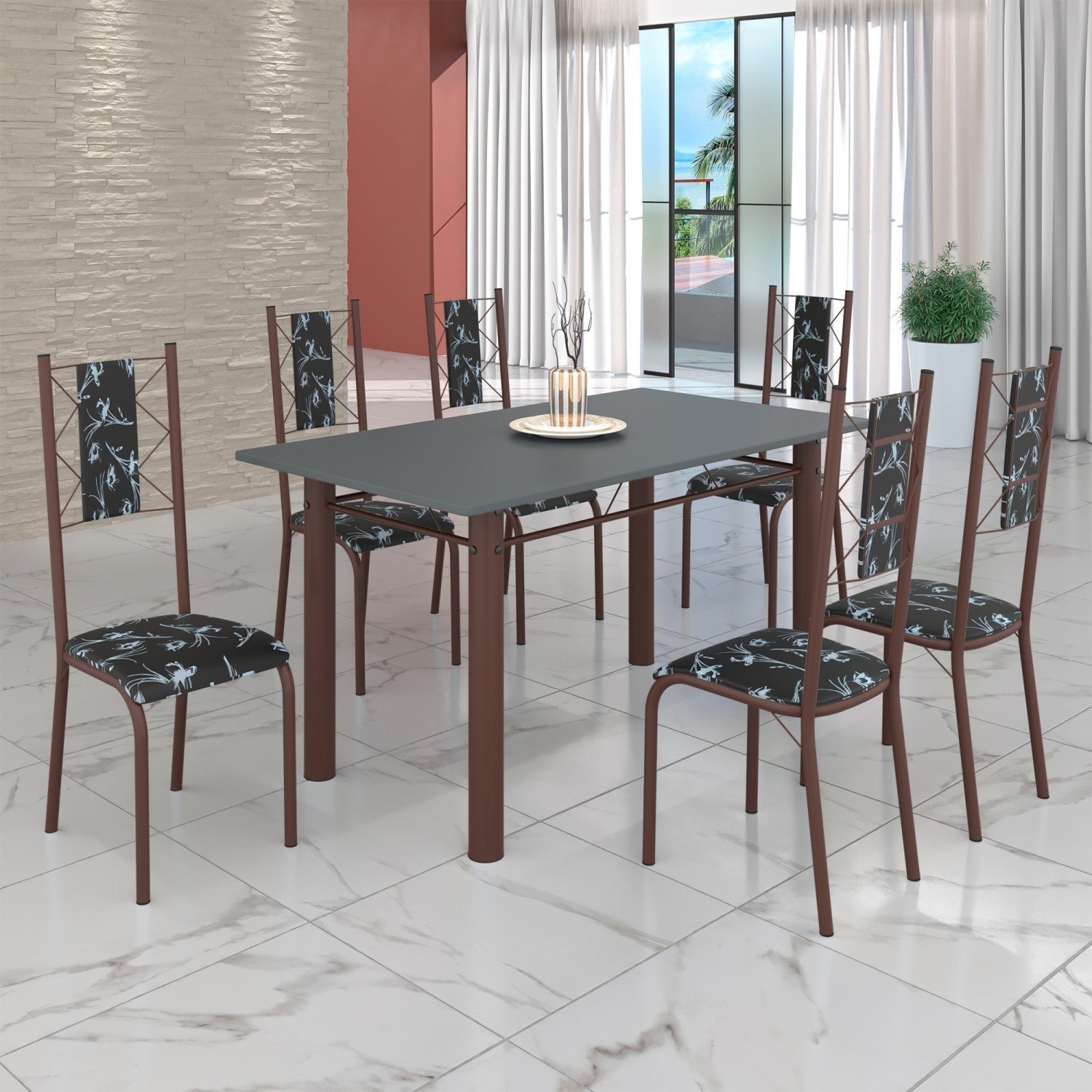 Conjunto Sala de Jantar Bahia Mesa Tubo 140x75cm Tampo Pedra com 6 Cadeiras - 1