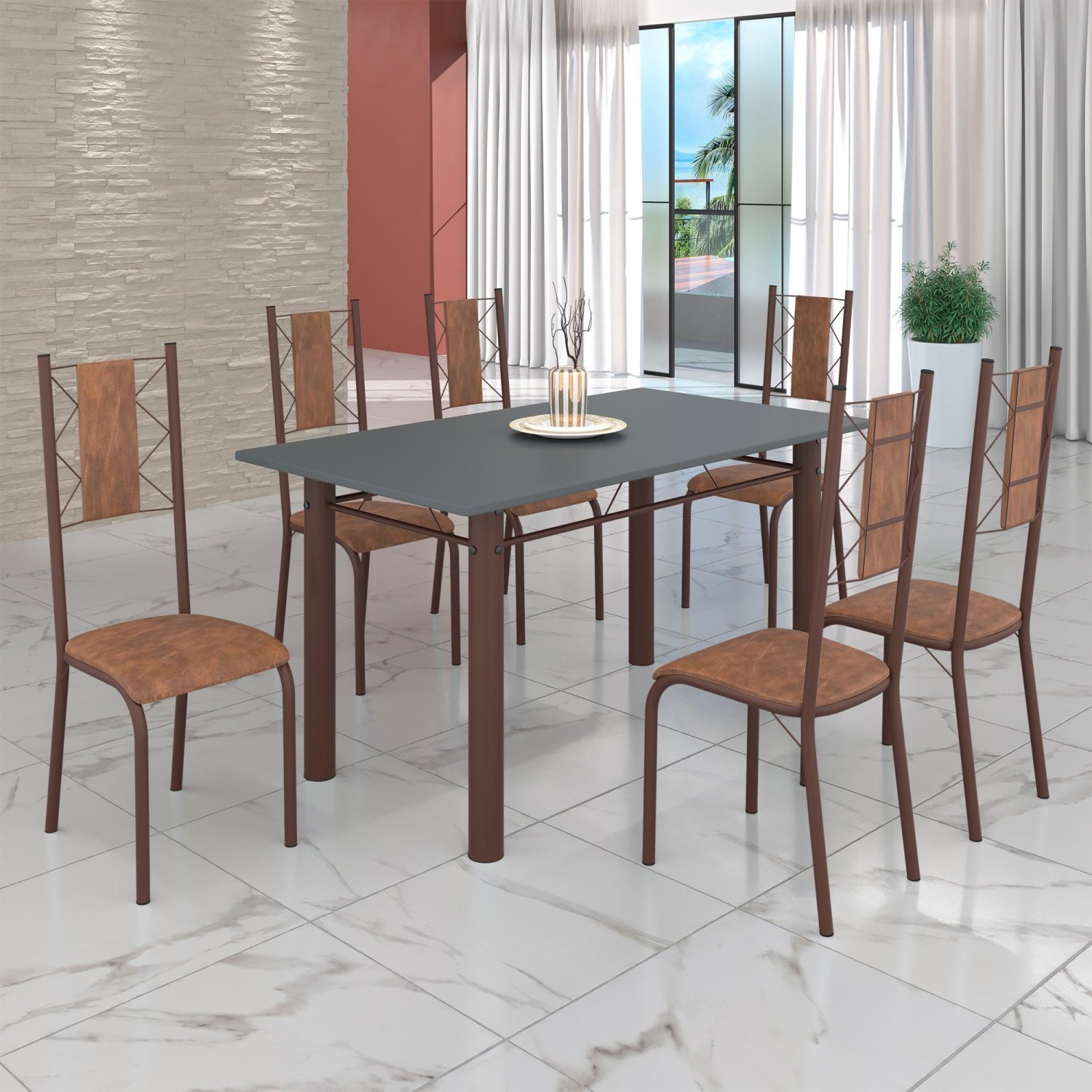Conjunto Sala de Jantar Bahia Mesa Tubo 140x75cm Tampo Pedra com 6 Cadeiras - 1