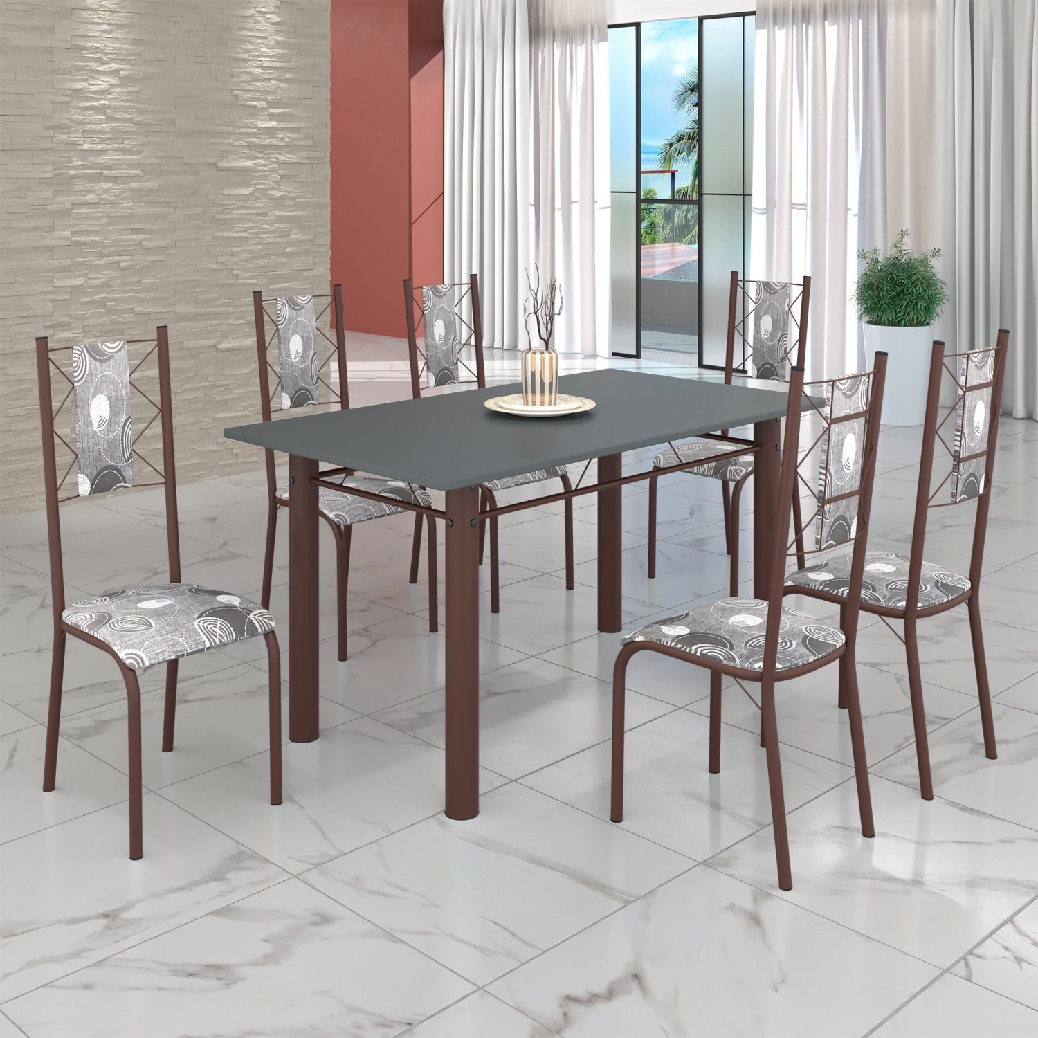 Conjunto Sala de Jantar Bahia Mesa Tubo 140x75cm Tampo Pedra com 6 Cadeiras - 1