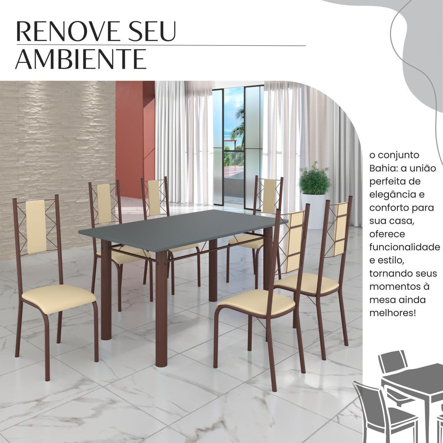 Conjunto Sala de Jantar Bahia Mesa Tubo 140x75cm Tampo Pedra com 6 Cadeiras - 6
